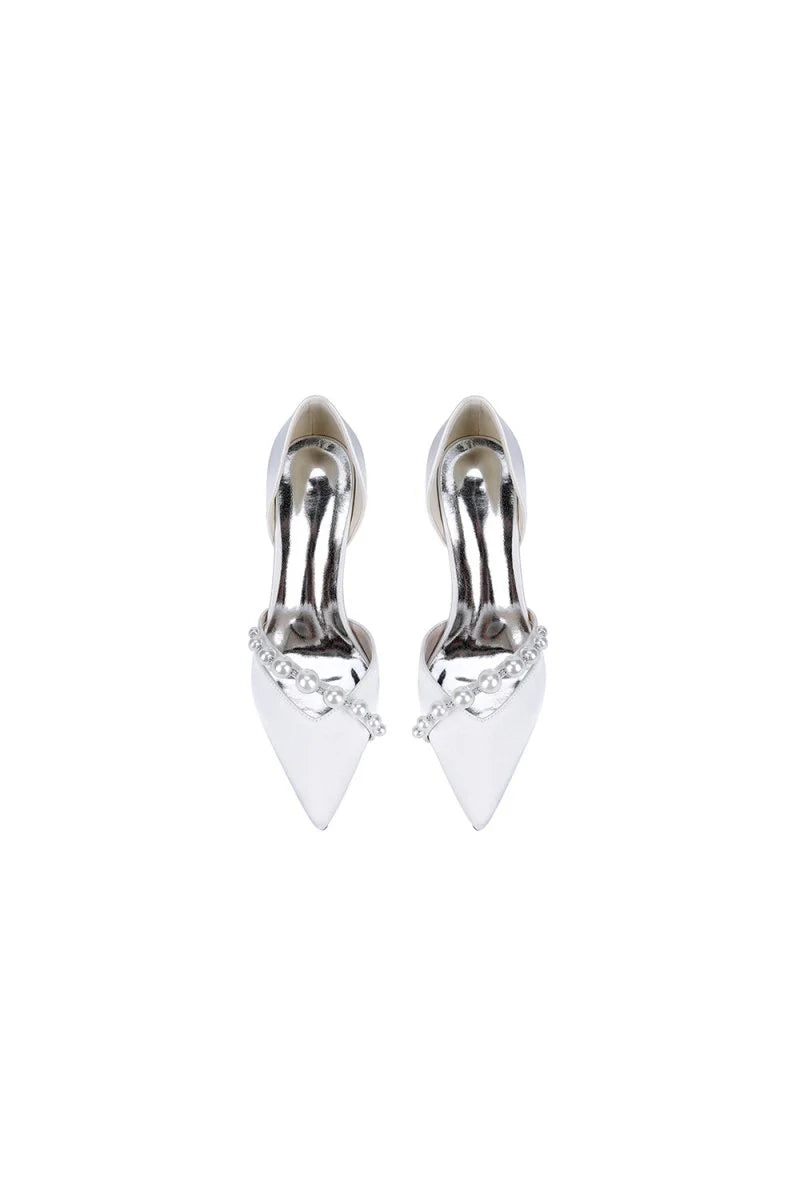 White Satin High Heels with Pearl Embellishments