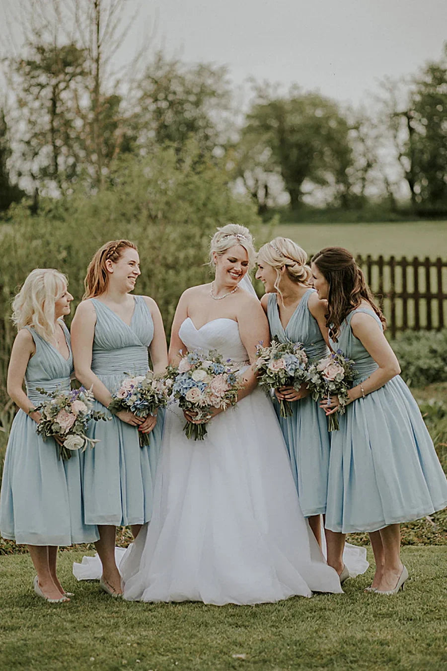 Dusty Blue A Line Mid Calf Ruched Chiffon Bridesmaid Dress