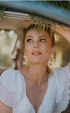 A Line V neck Lace Floor length Short Sleeve Wedding Dress with Ruffles