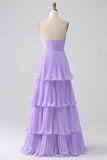 A Line Sweetheart Tiered Floor Length Chiffon Plus Size Lilac Bridesmaid Dress