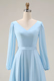 Sky Blue A Line V Neck Chiffon Long Sleeve Bridesmaid Dress