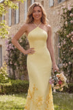 Daffodil Mermaid Halter Long Bridesmaid Dress with 3D Flowers