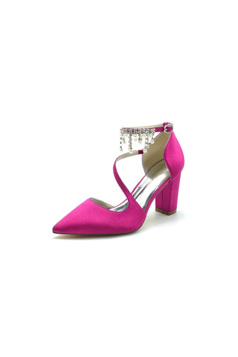 White Satin Pump with Pearl Embedded Chain Heel