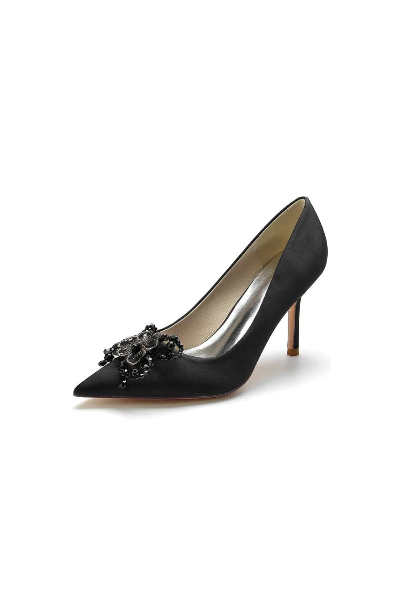 Pointed Toe Crystal Pearl Flower Heels