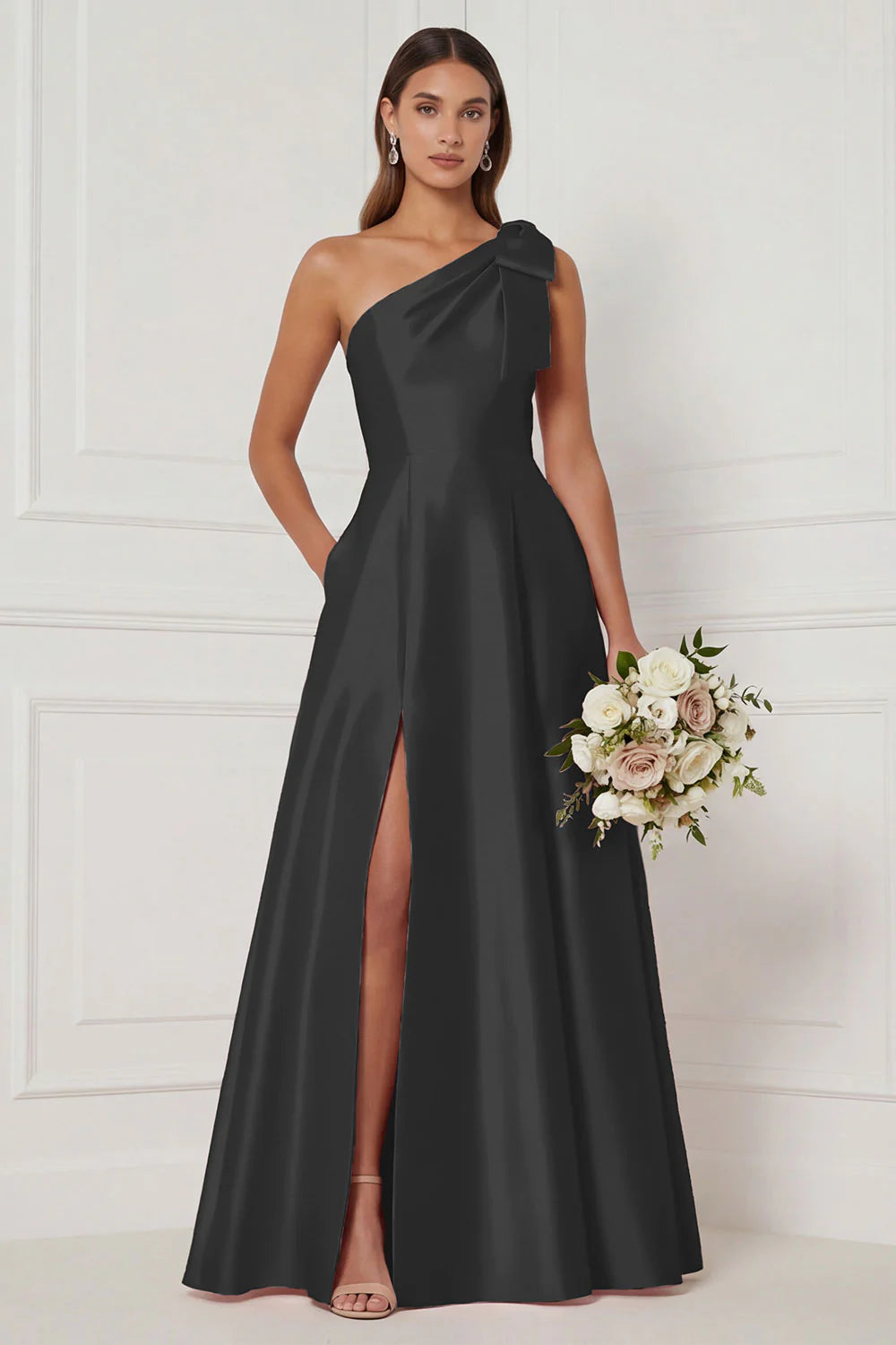 One Shoulder A Line Satin Pink Bridesmaid Dress with Slit