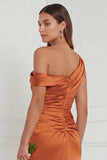 Burnt Orange Asymmetrical Neck Mermaid Ruched Satin Bridesmaid Dress