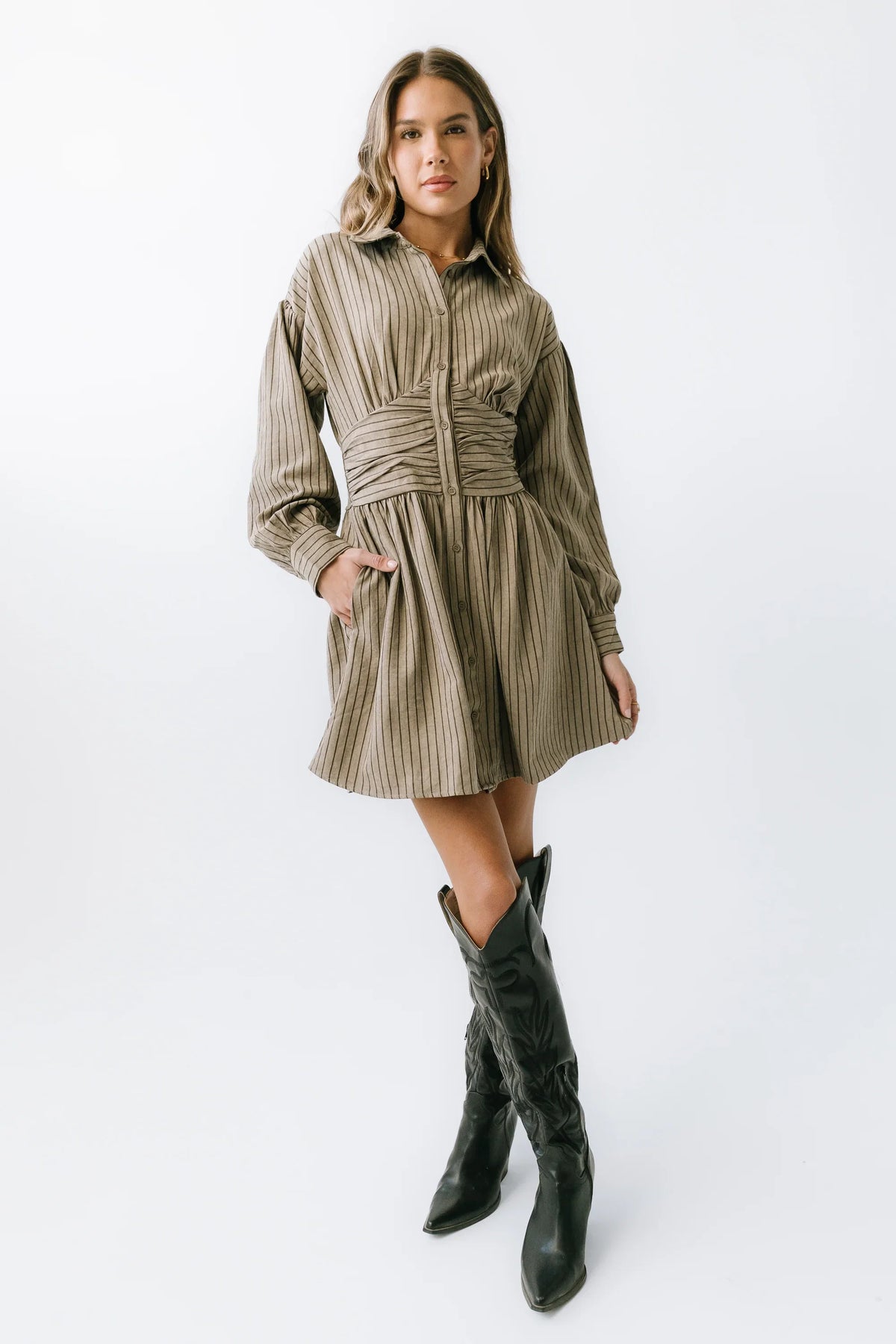 Lonnie Striped Mini Dress in Taupe FINAL SALE