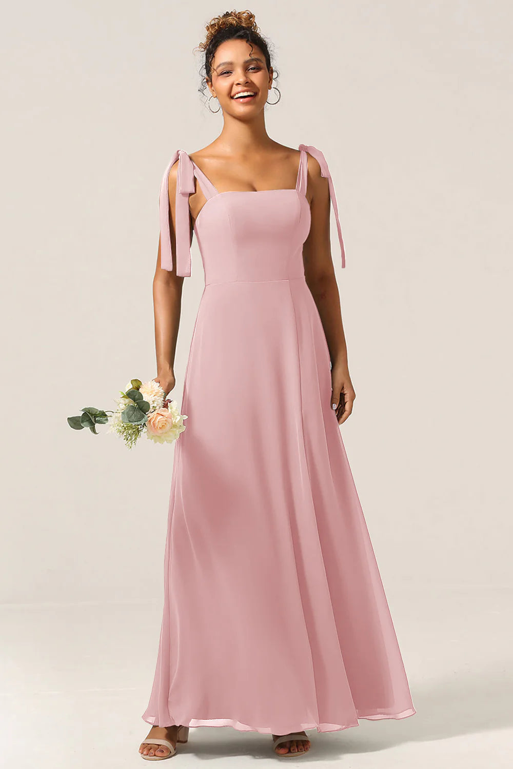 A Line Spaghetti Straps Floor Length Chiffon Bridesmaid Dress with Slit