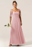 A Line Spaghetti Straps Floor Length Chiffon Bridesmaid Dress with Slit