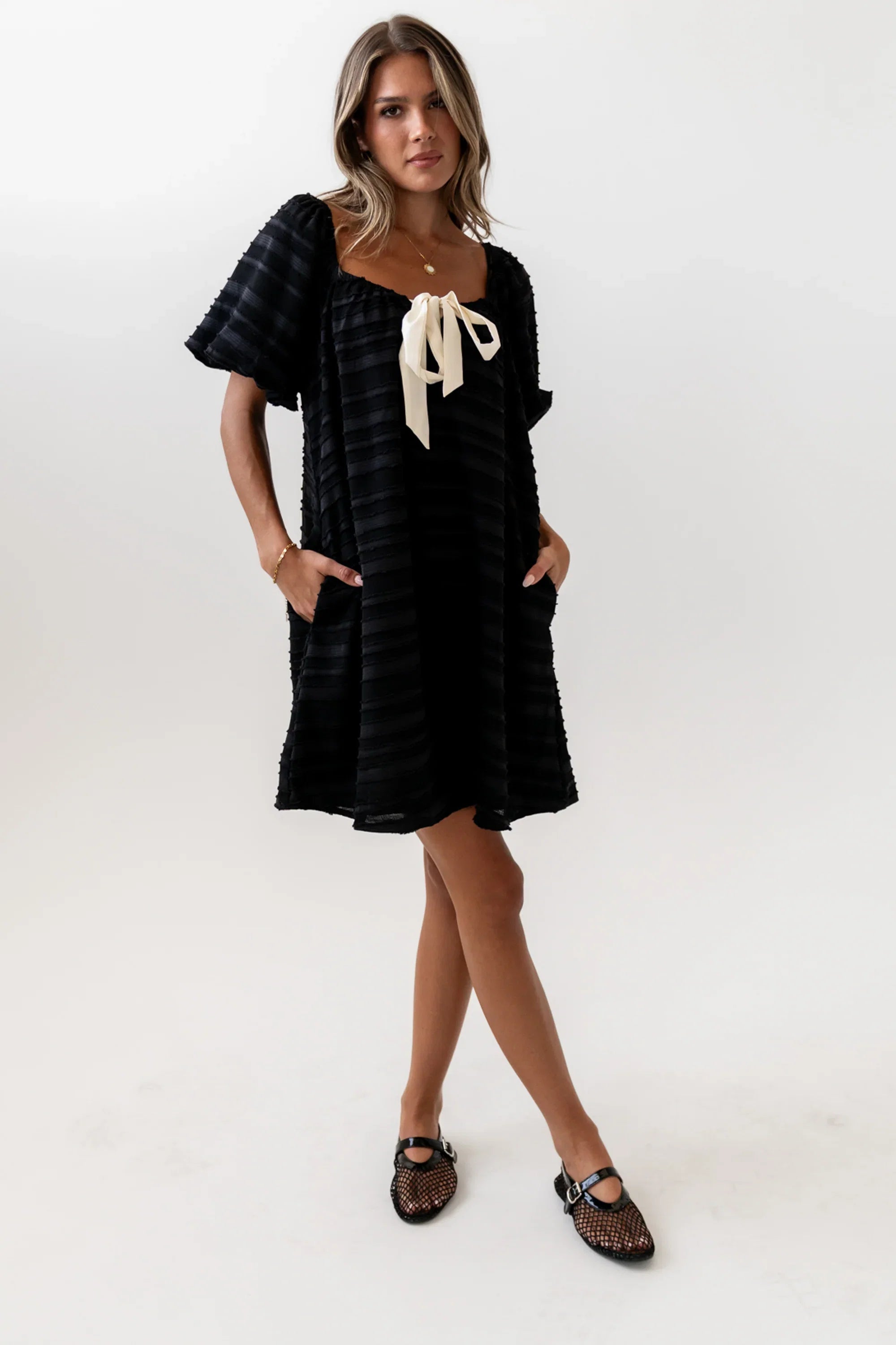 Minnie Textured Baby Doll Dress in Black