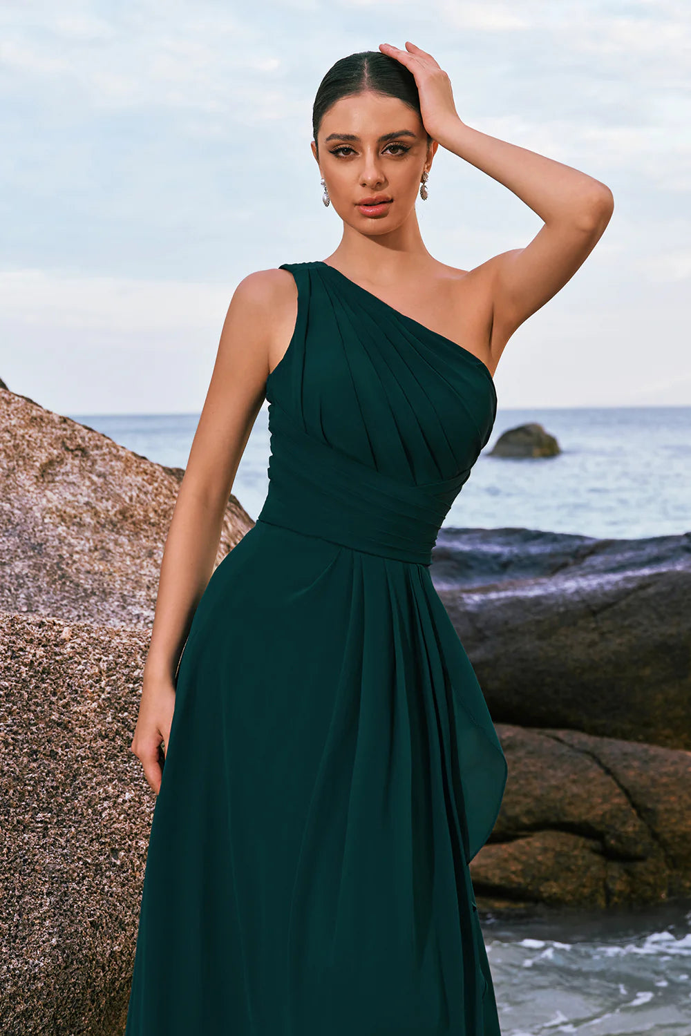 Dark Green One Shoulder Chiffon Pleated A Line Long Bridesmaid Dress