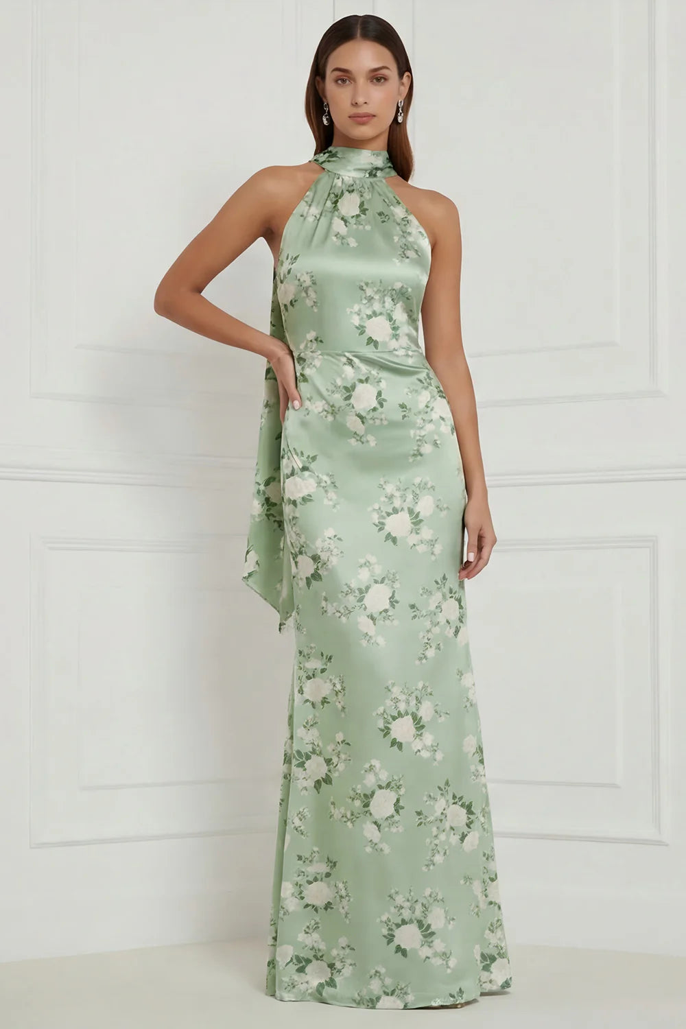 Halter Sage Green Floral Sheath Satin Long Bridesmaid Dress