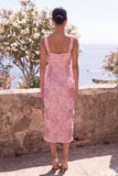 Sequin Pink Square Neck 3D Flower Midi Wedding Guest Dress with Slit