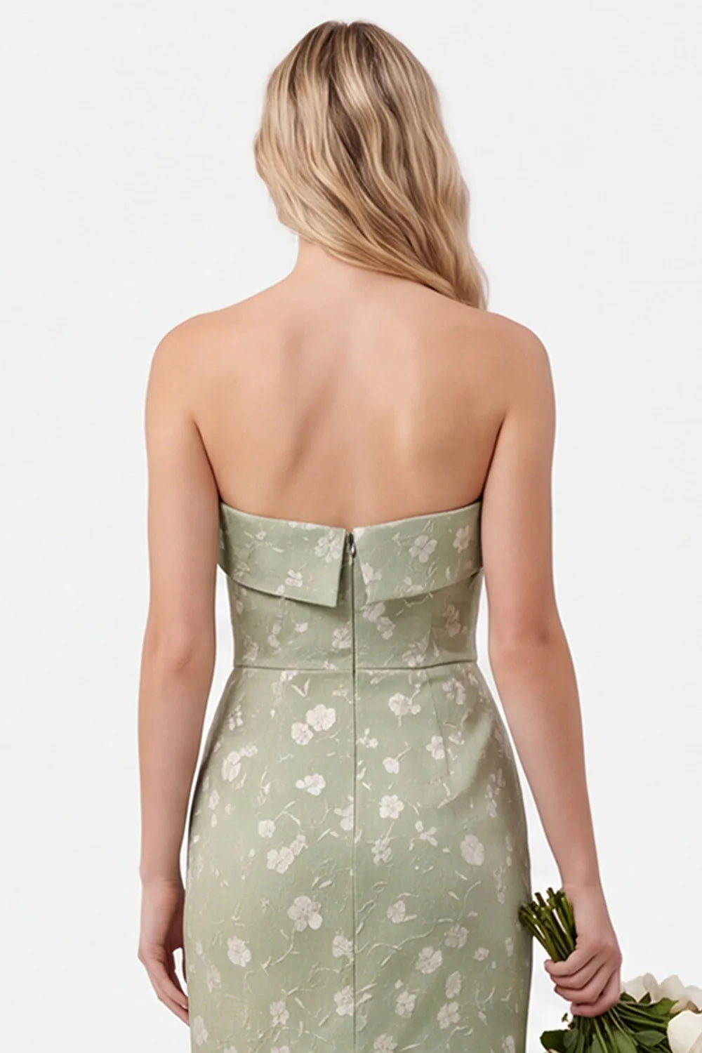 Strapless Mermaid Sage Floral Jacquard Bridesmaid Dress