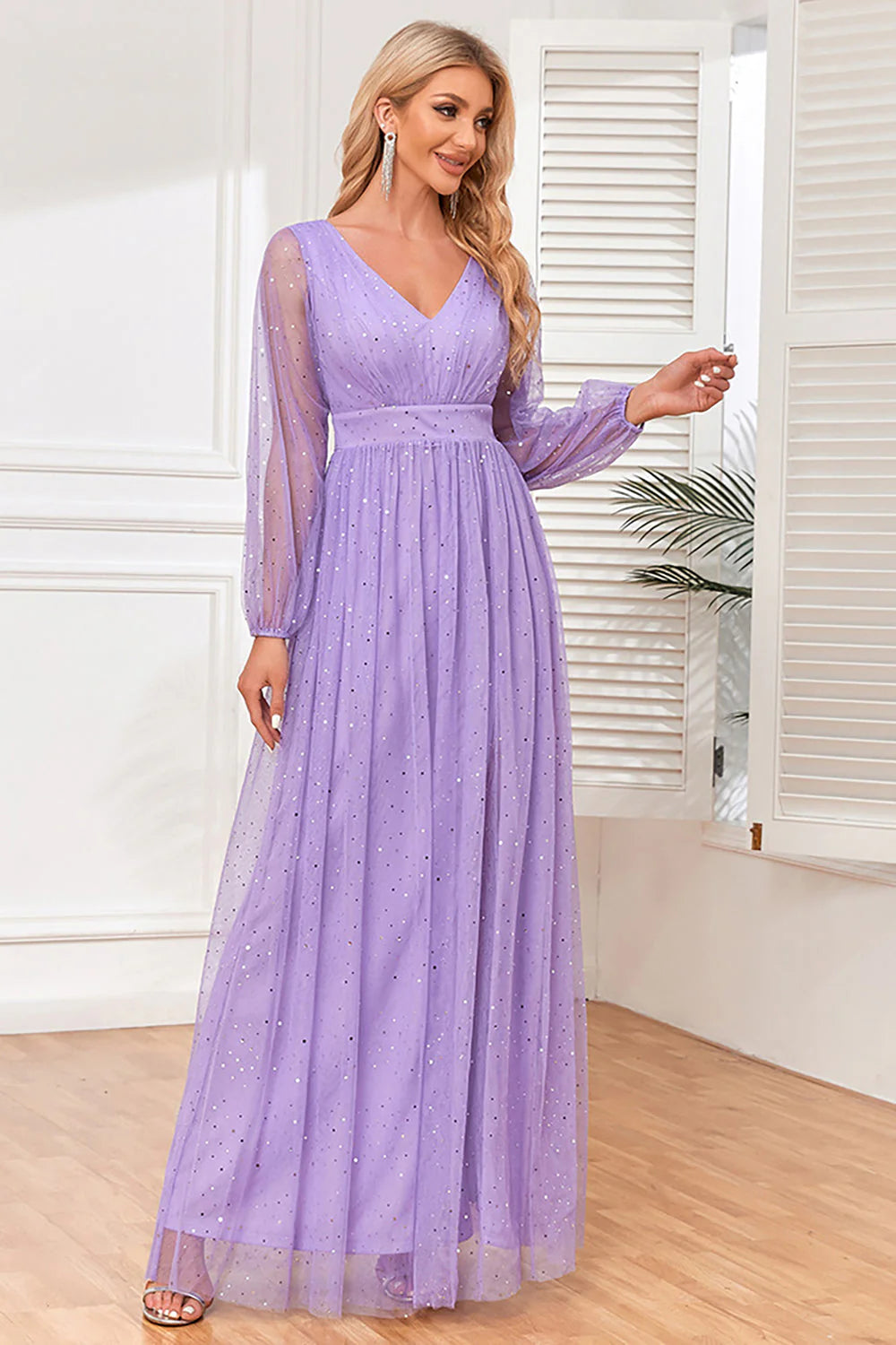 Lilac A Line Long Sleeves Long Formal Dress with Slit