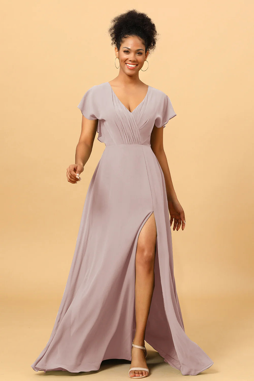 A Line V Neck Ruched Chiffon Bridesmaid Dress with Slit