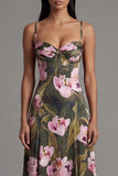 Floral A Line Printed Spaghetti Straps Olive Maxi Formal Dress