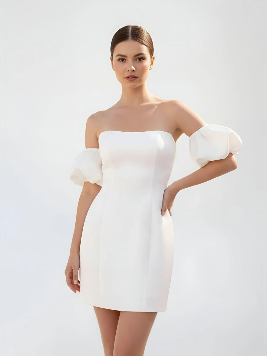 Short Satin White Wedding Dress Strapless Off the Shoulder