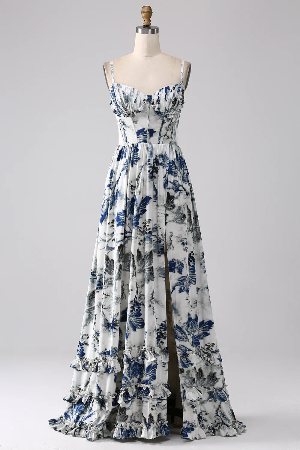 Blue A Line Spaghetti Straps Pleated Printed Long Bridesmaid Dress With Slit