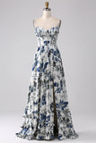 Blue A Line Spaghetti Straps Pleated Printed Long Bridesmaid Dress With Slit
