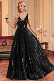 Sparkly Black A Line Pleated Long Prom Dress with Sequins