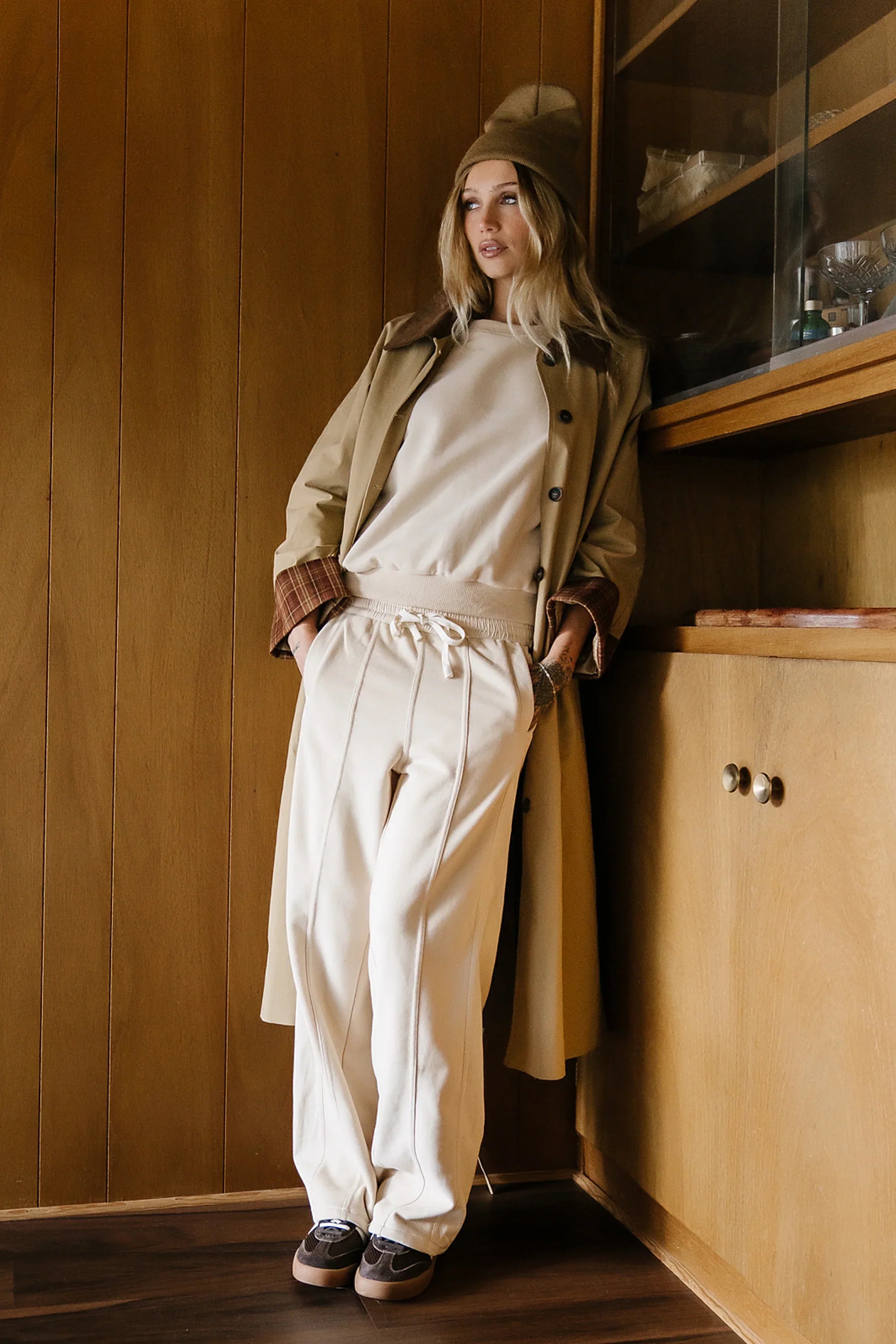 Malinda Mixed Media Baggy Pants in Cream