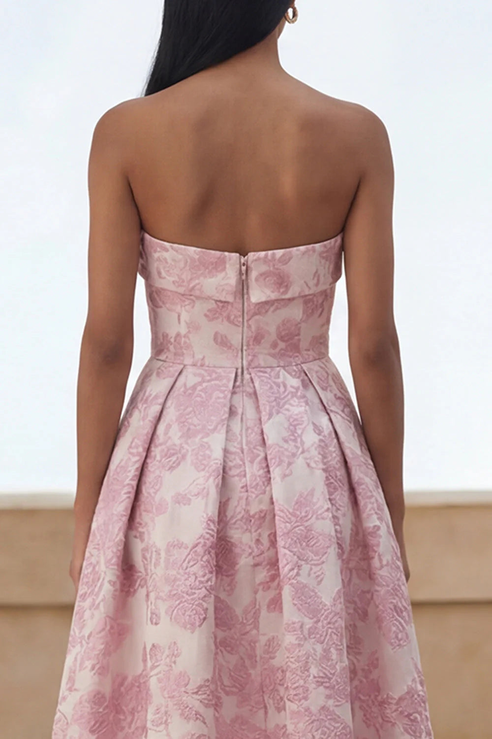 Floral Blue Strapless A Line Wedding Guest Dress