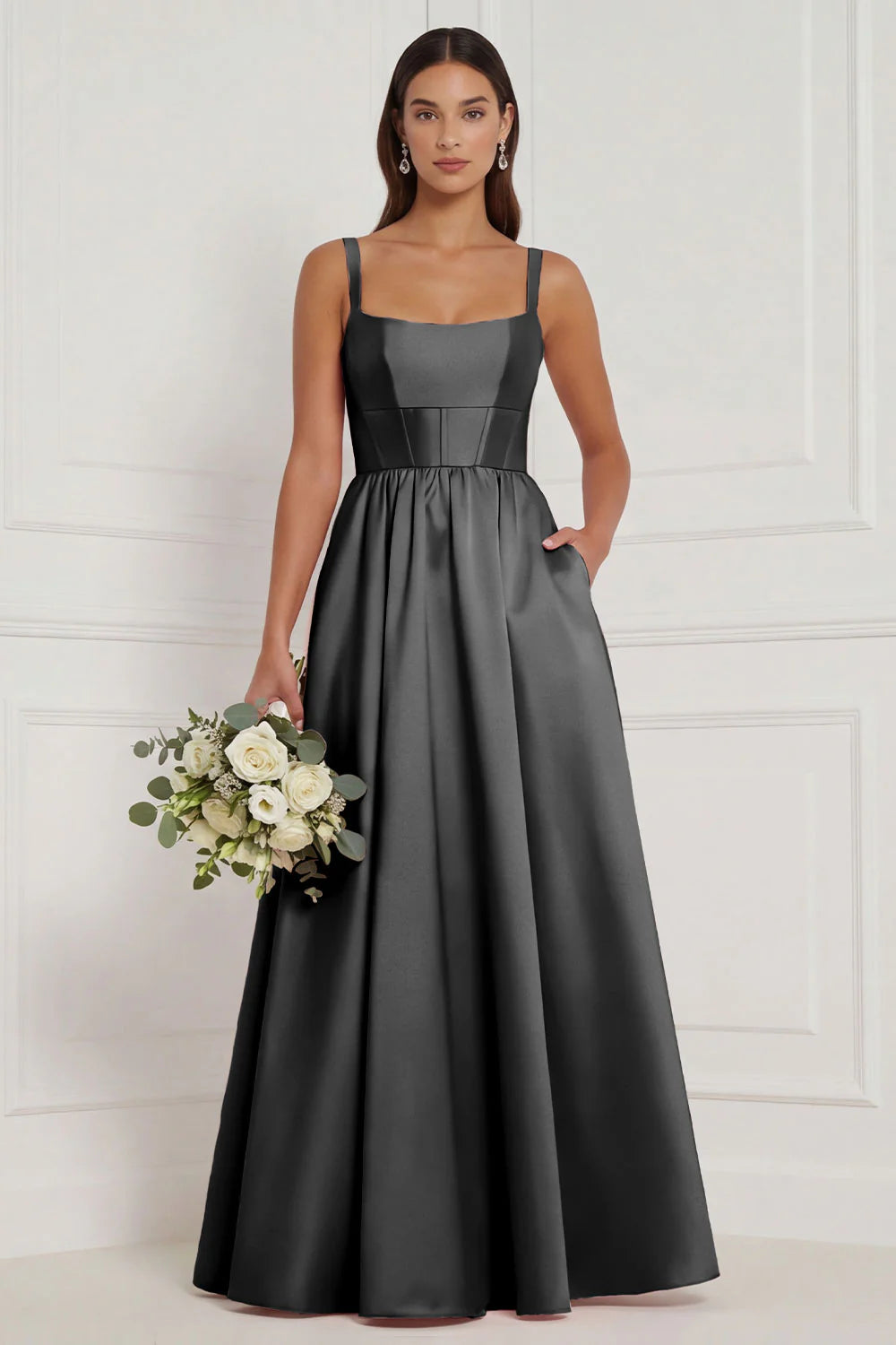 Lilac A Line Corset Satin Square Neck Long Bridesmaid Dress