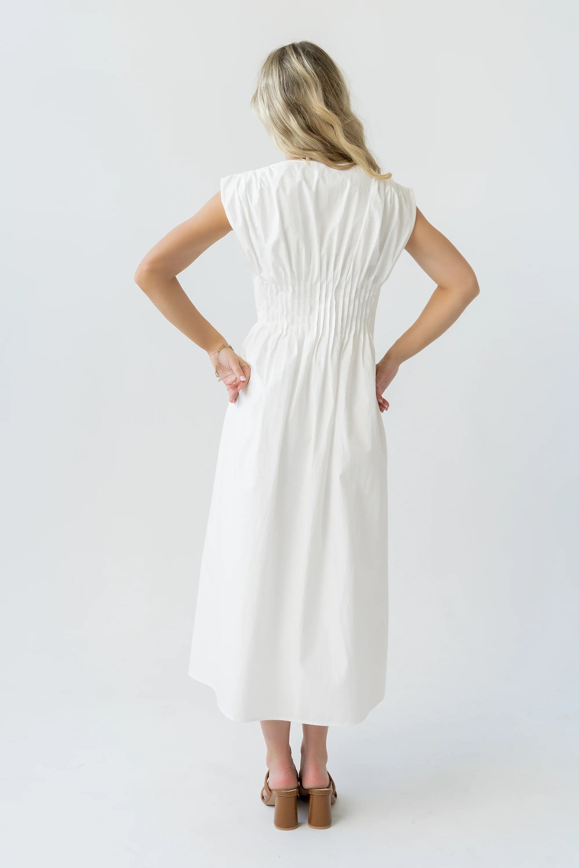 Barb Pleated Midi Dress in White