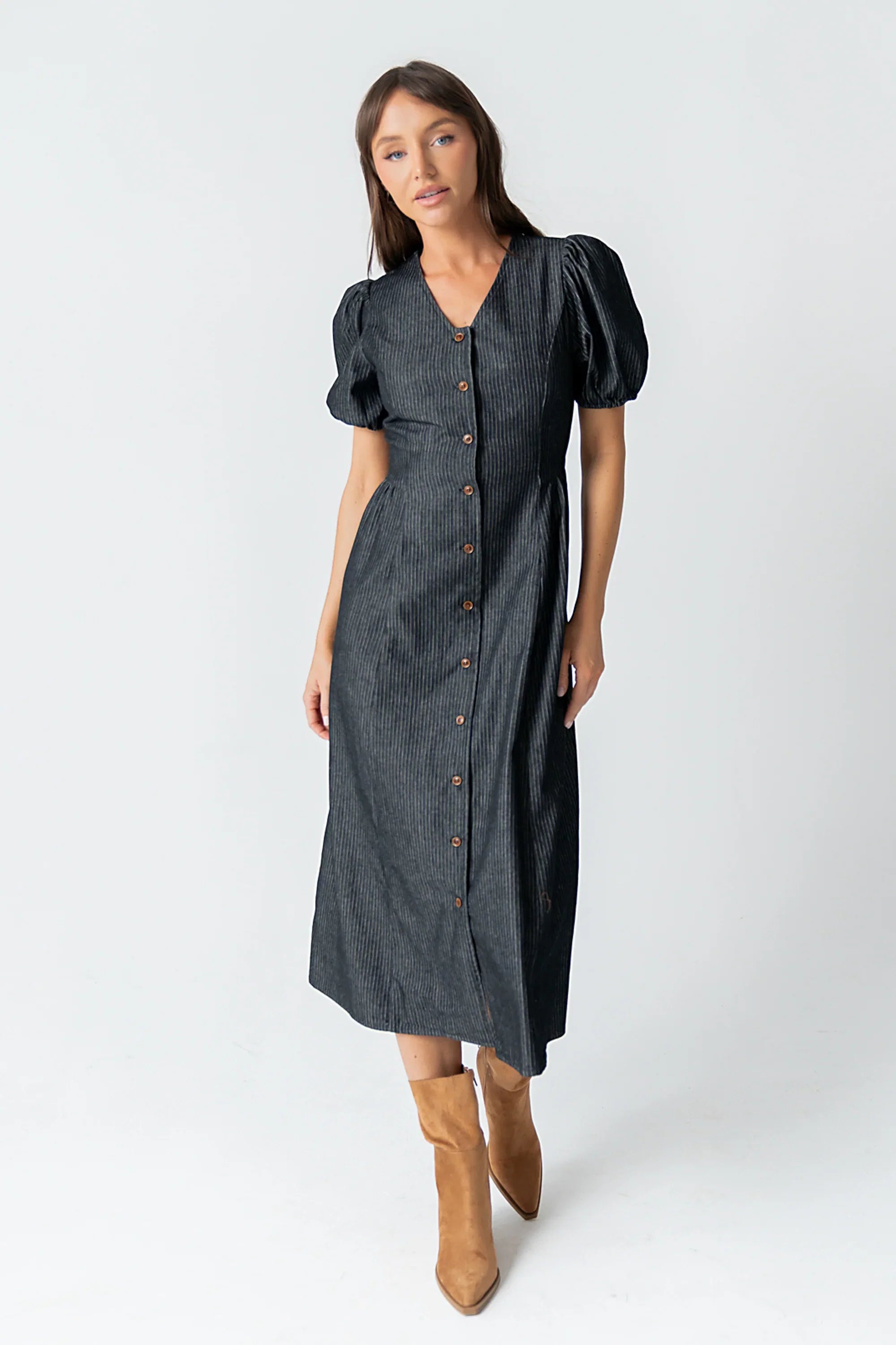 Conley Pinstripe Midi Dress in Black