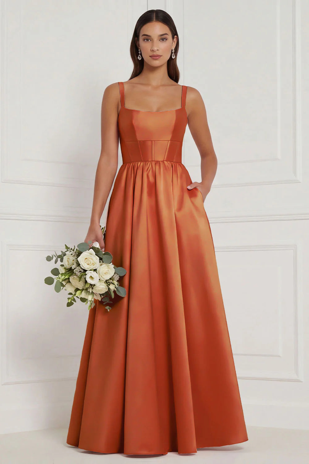 Lilac A Line Corset Satin Square Neck Long Bridesmaid Dress