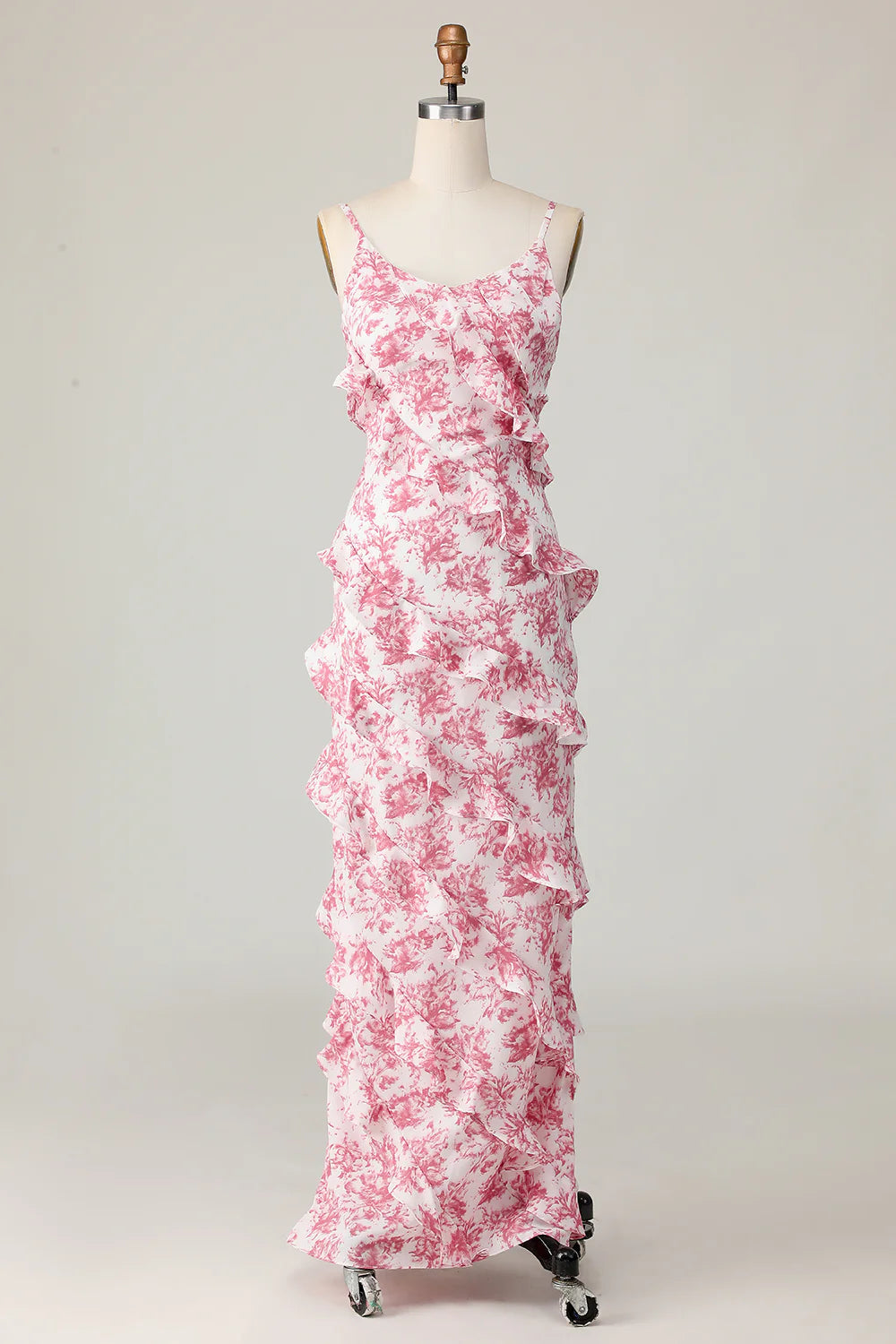 Blush Sheath Ruffle Chiffon Print Floral Long Bridesmaid Dress with Slit