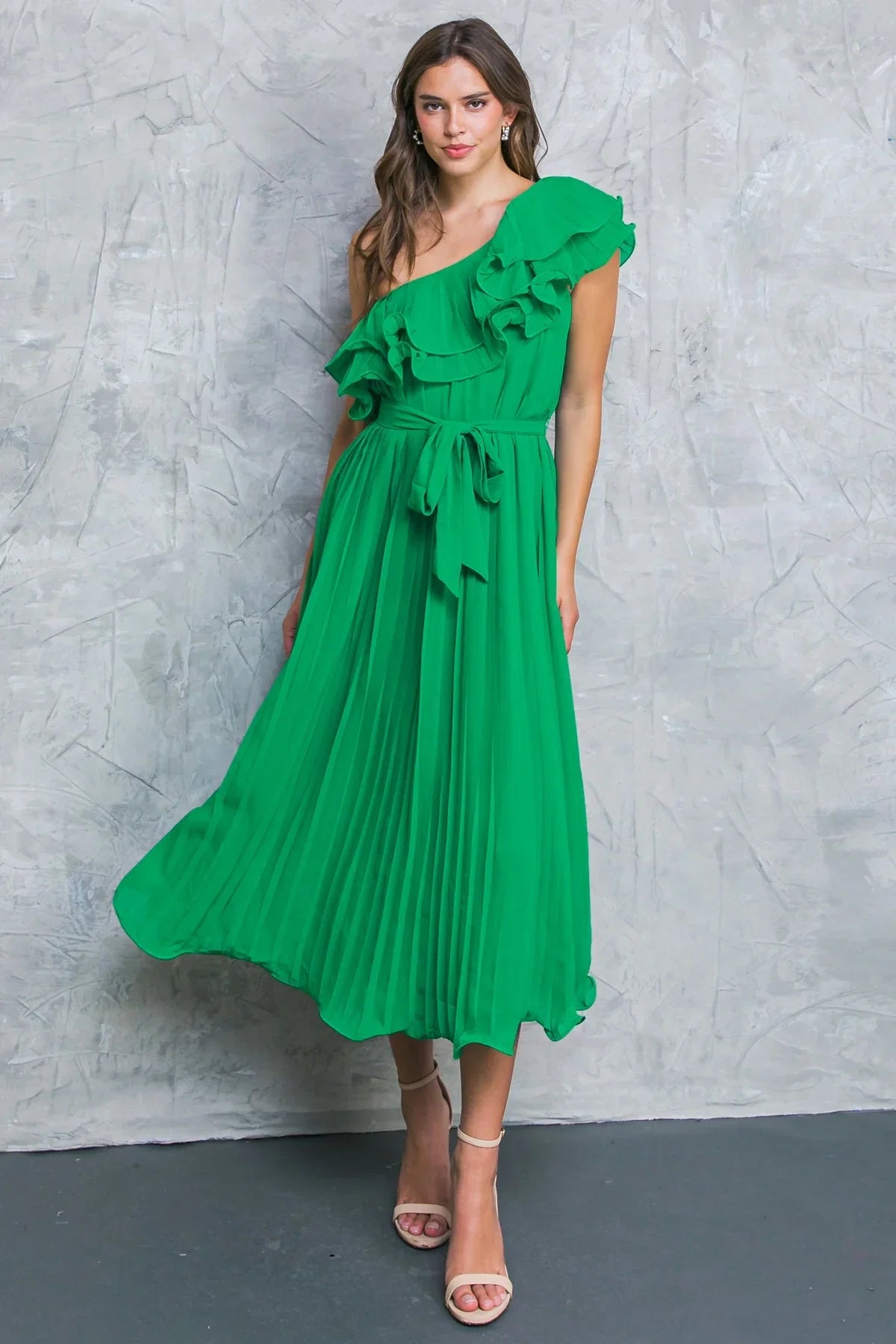 SUN KISSED STYLE GREEN ONE SHOULDER RUFFLE MIDI DRESS