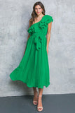 SUN KISSED STYLE GREEN ONE SHOULDER RUFFLE MIDI DRESS