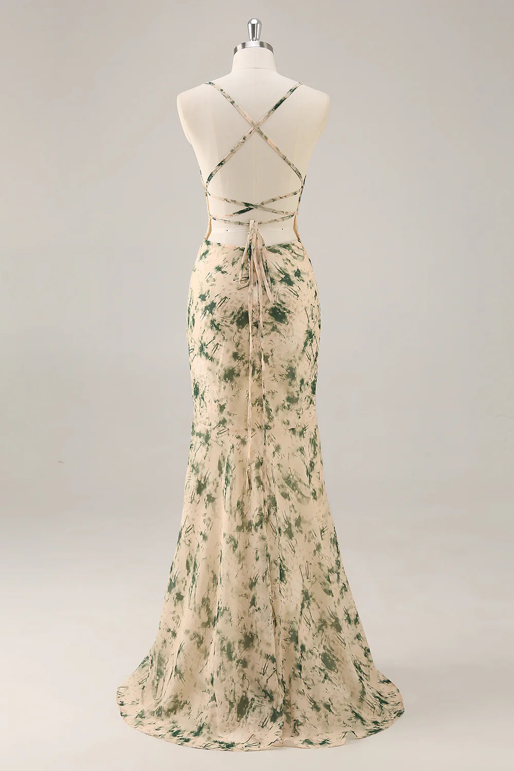 Champagne Sheath Backless Print Floral Long Bridesmaid Dress with Slit