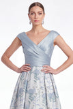 Blue Flower A Line V Neck Ruched Mother of the Bride Dress with Cap Sleeves