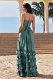 A Line Spaghetti Straps Corset Long Ruffled Eucalyptus Bridesmaid Dress with Slit