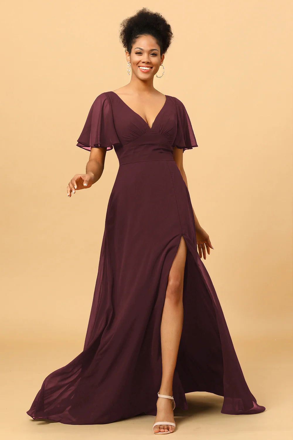 A Line V Neck Long Chiffon Bridesmaid Dress with Slit