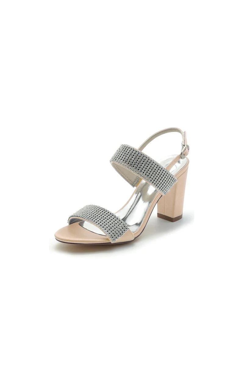 Open Toe Beaded Buckle Satin Chunky Heels