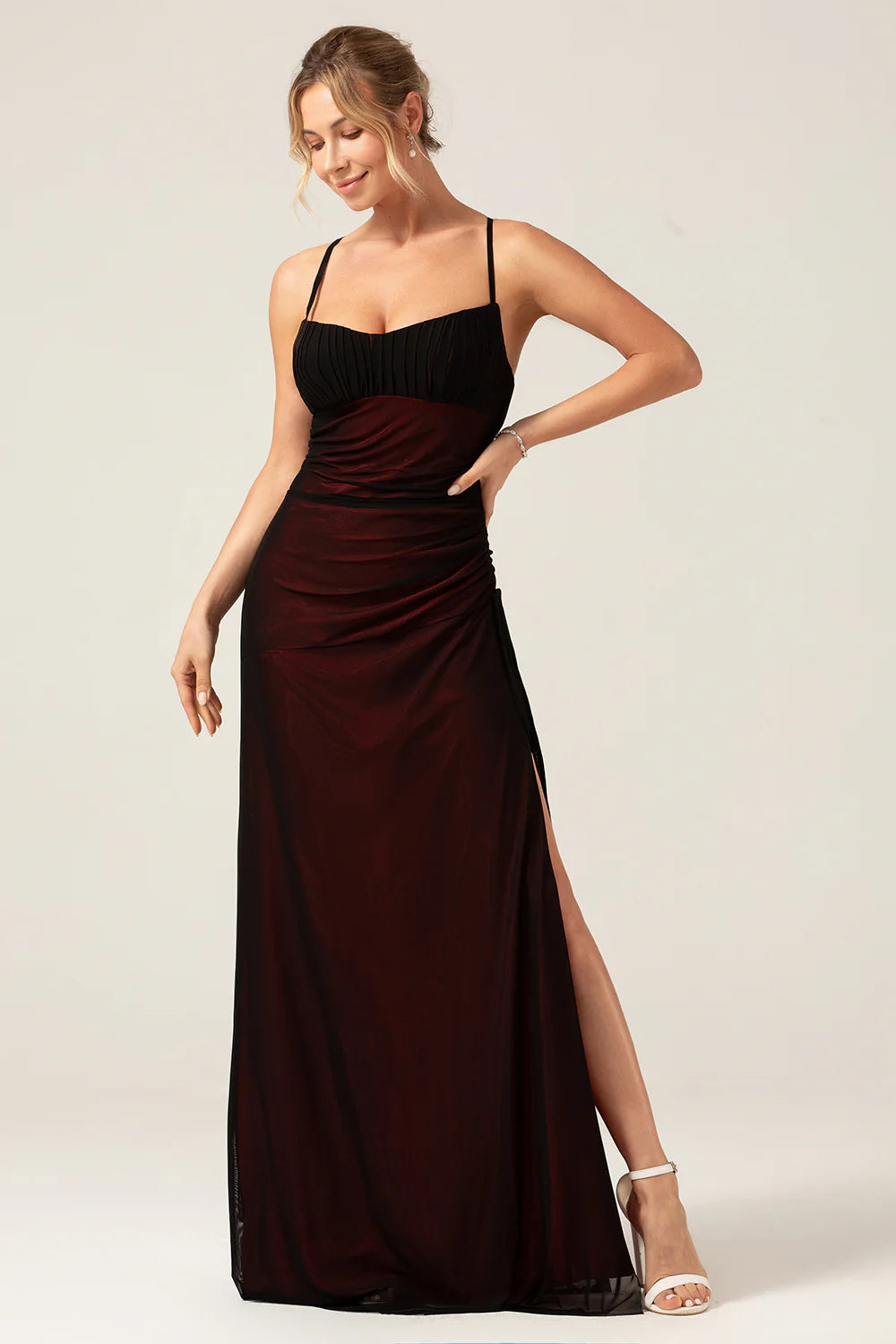 Sheath Spaghetti Straps Floor Length Black Blue Bridesmaid Dress with Elasticity