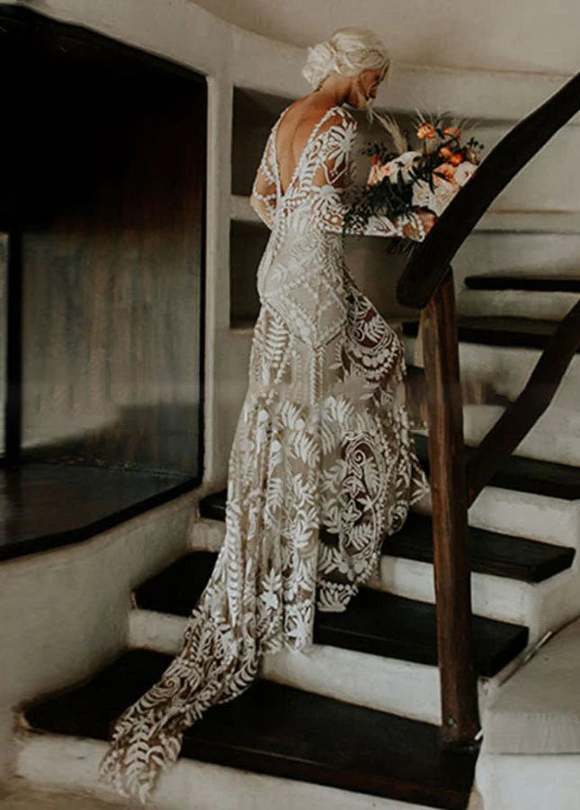 Lace Appliques Long Sleeves Mermaid Long Wedding Dresses