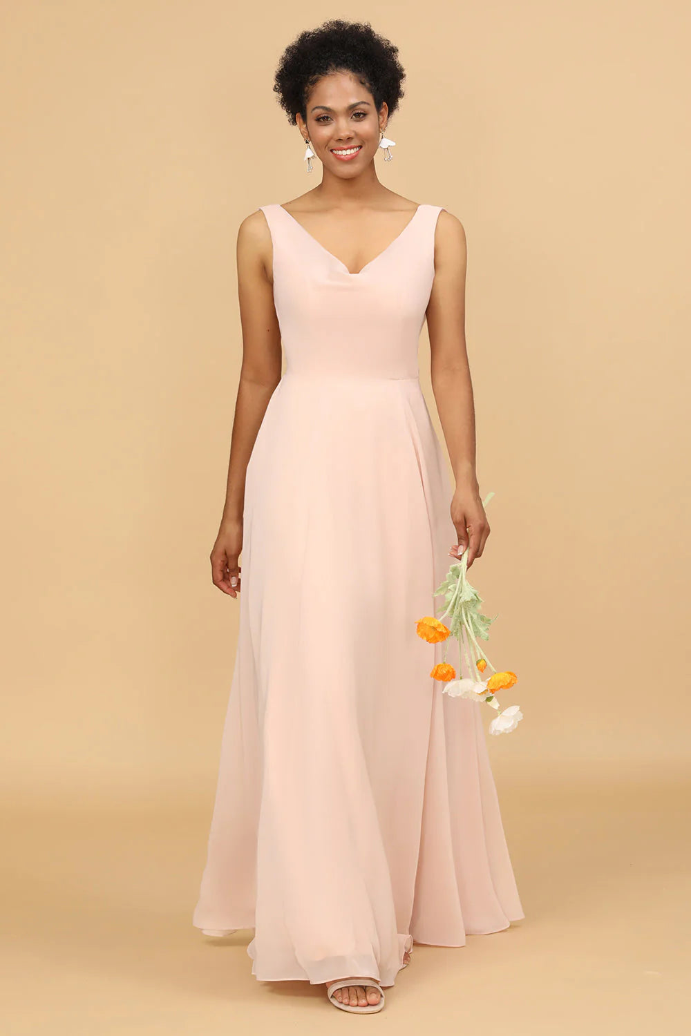 A Line V Neck Backless Chiffon Long Bridesmaid Dress