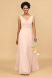 A Line V Neck Backless Chiffon Long Bridesmaid Dress