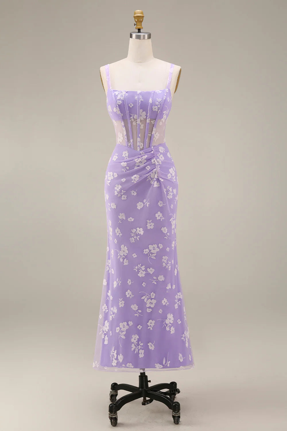 Floral Pink Ruched Mermaid Corset Wedding Guest Dress