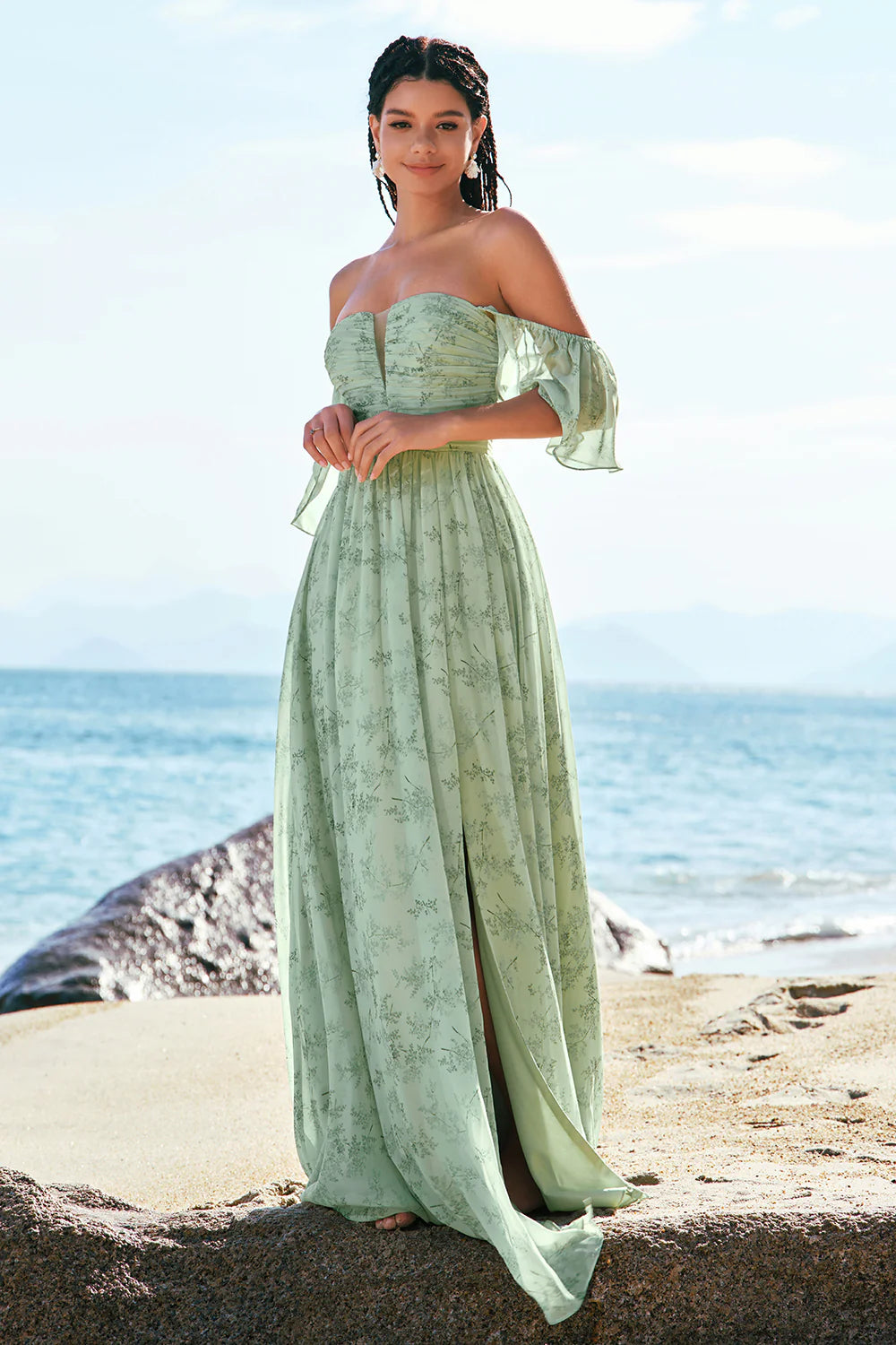 Dusty Sage A Line Off The Shoulder Pleated Long Floral Bridesmaid Dress with Slit