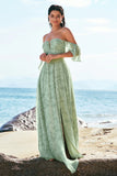 Dusty Sage A Line Off The Shoulder Pleated Long Floral Bridesmaid Dress with Slit