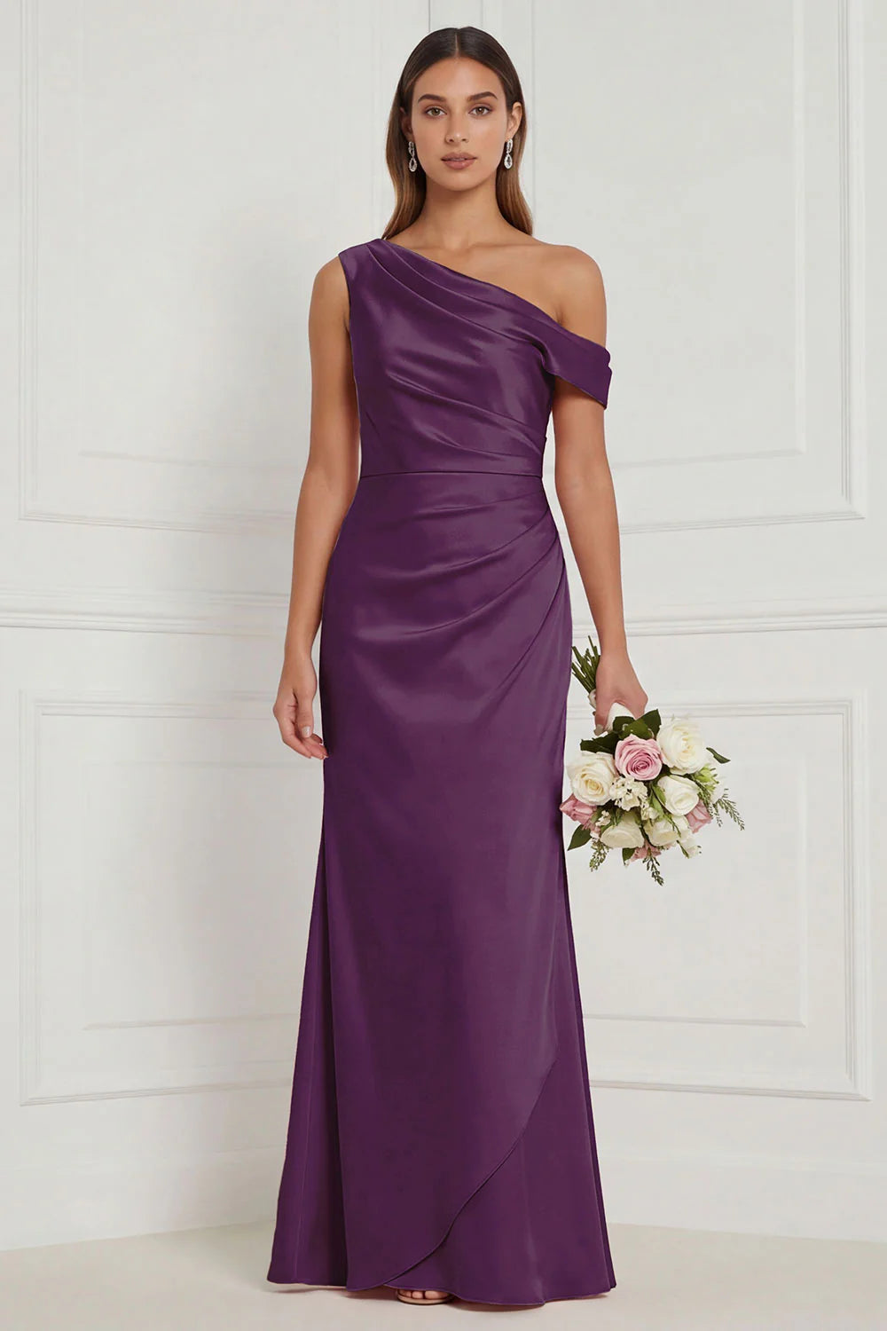Burnt Orange Asymmetrical Neck Mermaid Ruched Satin Bridesmaid Dress