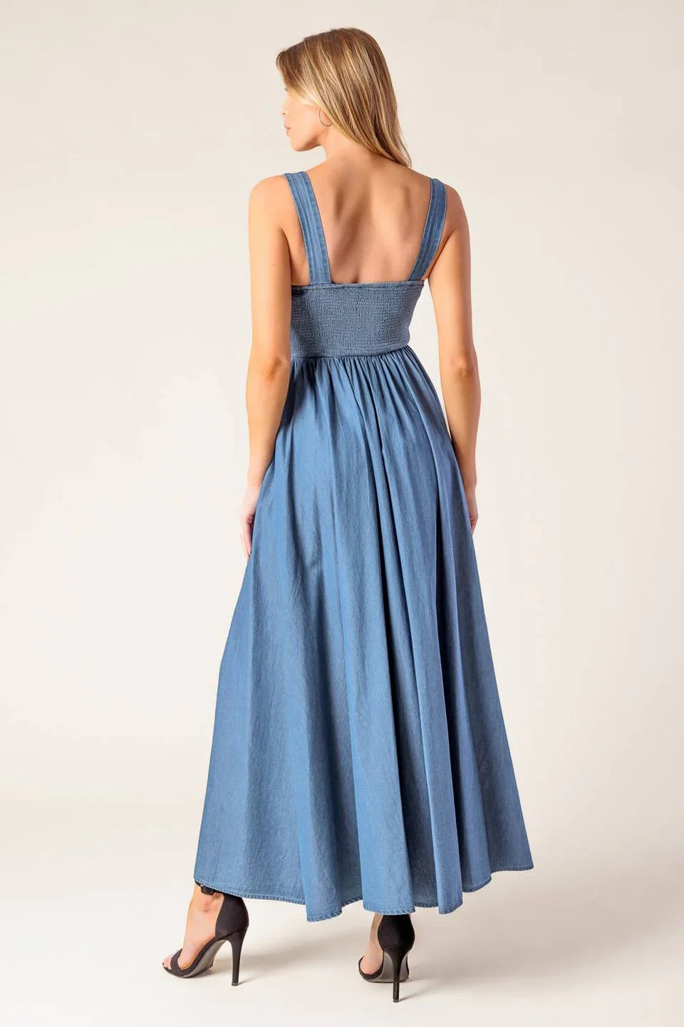 BLUE RIDGE DREAMS PINTUCK DENIM MIDI DRESS
