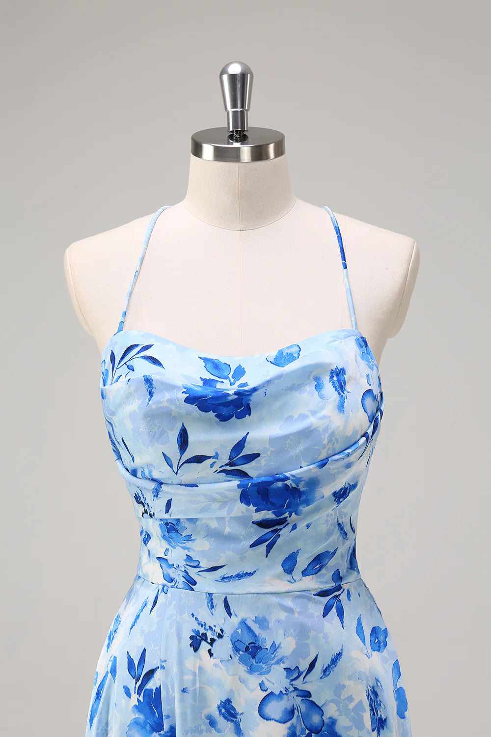 Blue A Line Spaghetti Straps Ruched Backless Long Print Bridesmaid Dress with Slit