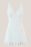 White V Neck Tulle Ruffled A Line Mini Dress
